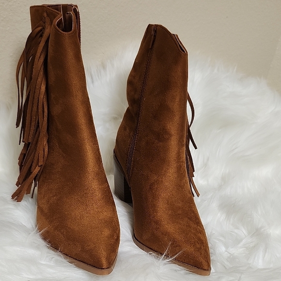 Brown Suede Fringe Ankle Boots - Picture 1 of 4